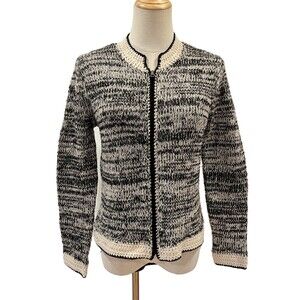 J.Jill Zip Front Cardigan Sweater Black Cream Wool Small Crochet Neutral
